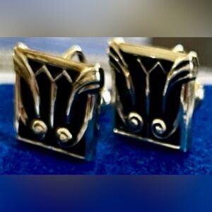 Vintage Earrings Black and Silver Enamel Clip On Ornate Scroll Accent